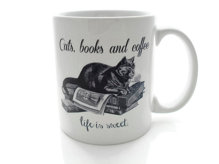 CATS, Books and Coffee - Life is Sweet- 11 ounce Coffee Mug - Superb GIFT