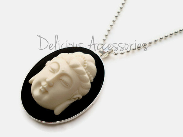 Buddha White Cameo on Black Background Pendant Necklace