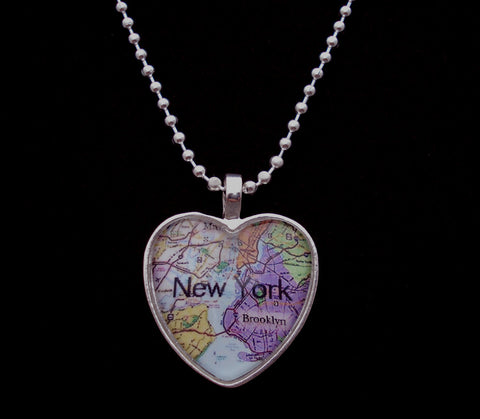 I Love NEW YORK Map Brooklyn Heart Silver plated Glass Pendant Necklace