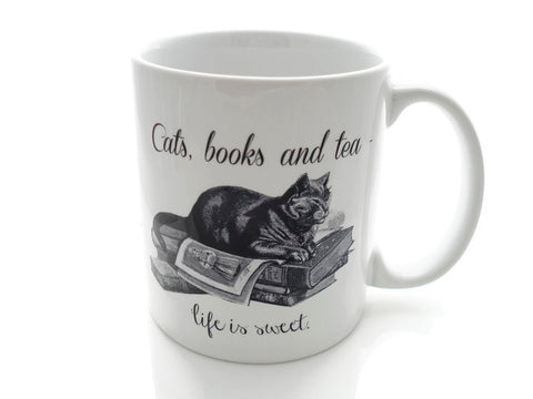 CATS, Books and TEA - Life is Sweet- 11 ounce Coffee Mug - Superb GIFT