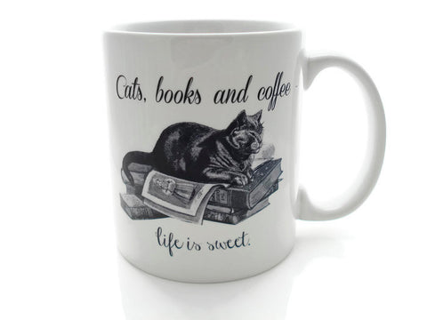 CATS, Books and Coffee - Life is Sweet- 11 ounce Coffee Mug - Superb GIFT
